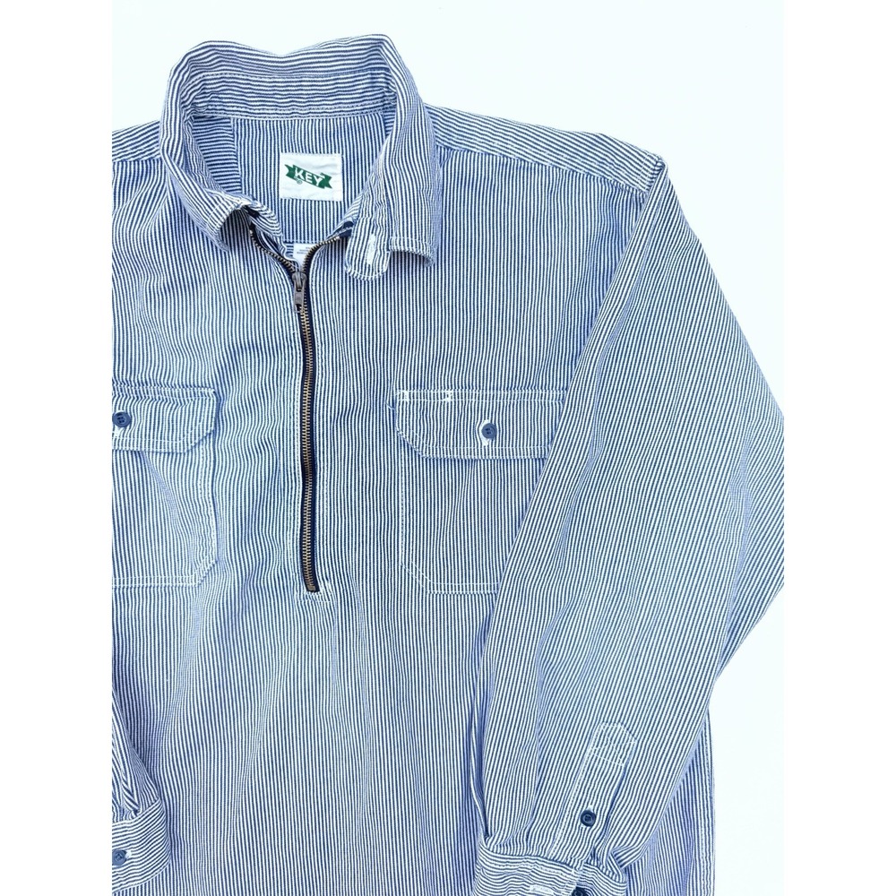 KEY Vintage 80s Men's Hickory Stripe logger workshirt Cotton XL Zip Up Workwear